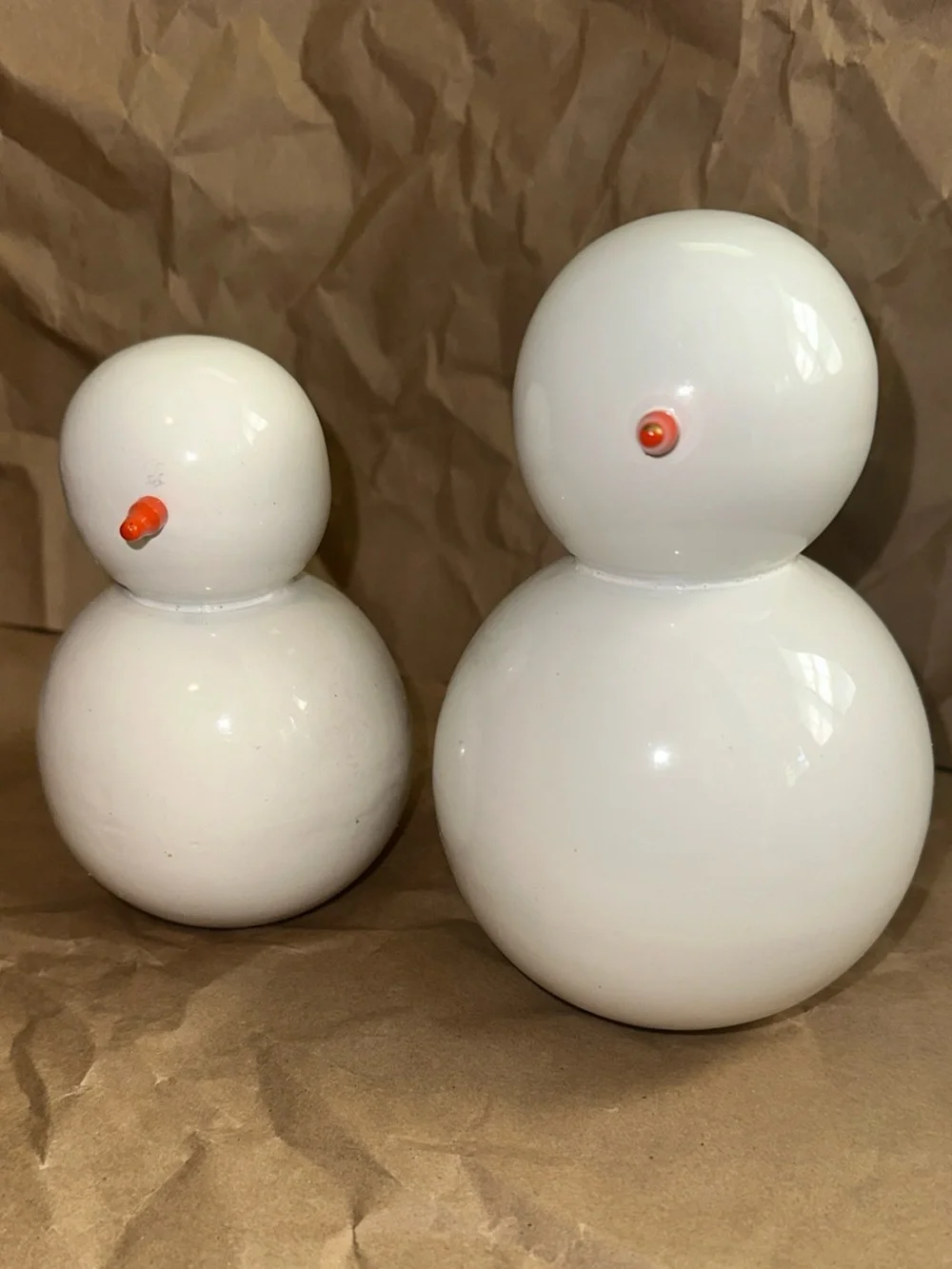 West Elm White glass/Lacquer 5” & 6”Snowman Figurines - Set of 2
